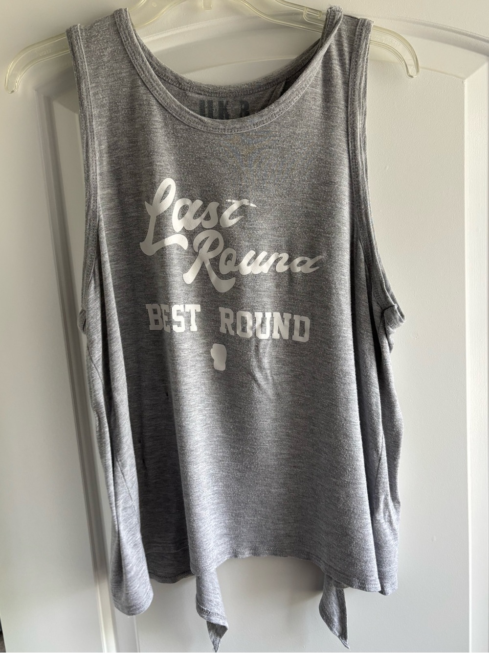 I Love Kickboxing Gray tie back tank with “Last Round Best Round” text